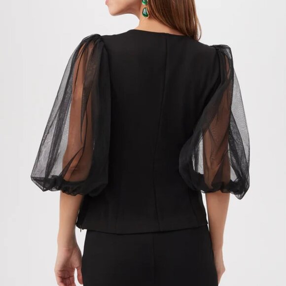 Trina Turk 'Lilith' Puffed Tulle-Sleeve Stretch-Crepe Top, Black - Picture 3 of 3